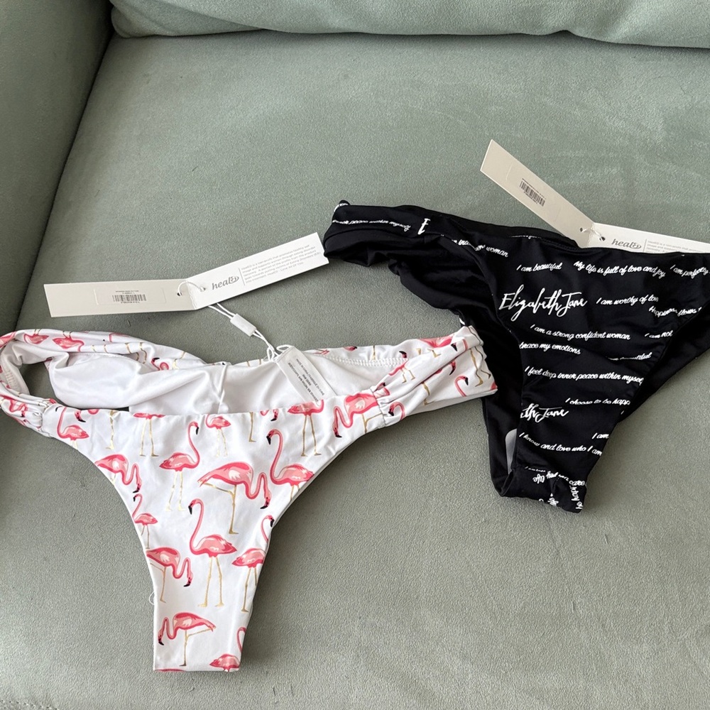 Flamingo Print & Script Bikini Bottoms - White/Pink and Black/White